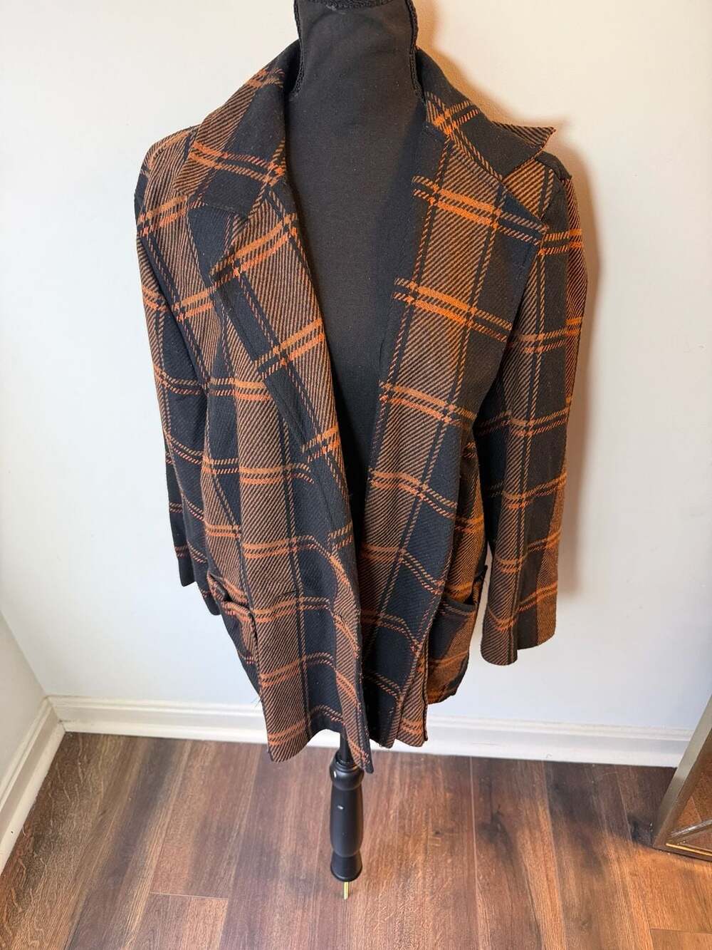 Unbranded Brown and Black Plaid Notch Collar Longline Blazer Jacket